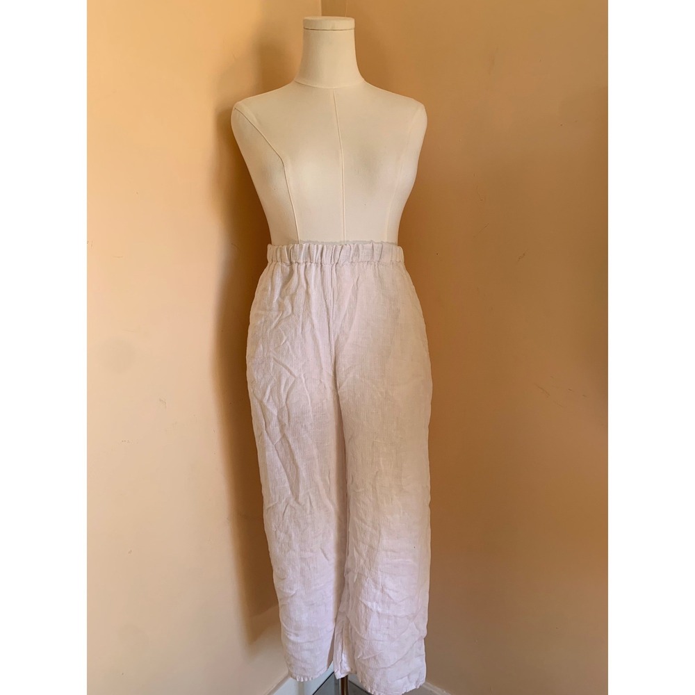 FLAX 100% Linen Pants Small White Elastic Waist Straight Leg Pockets Lithuania